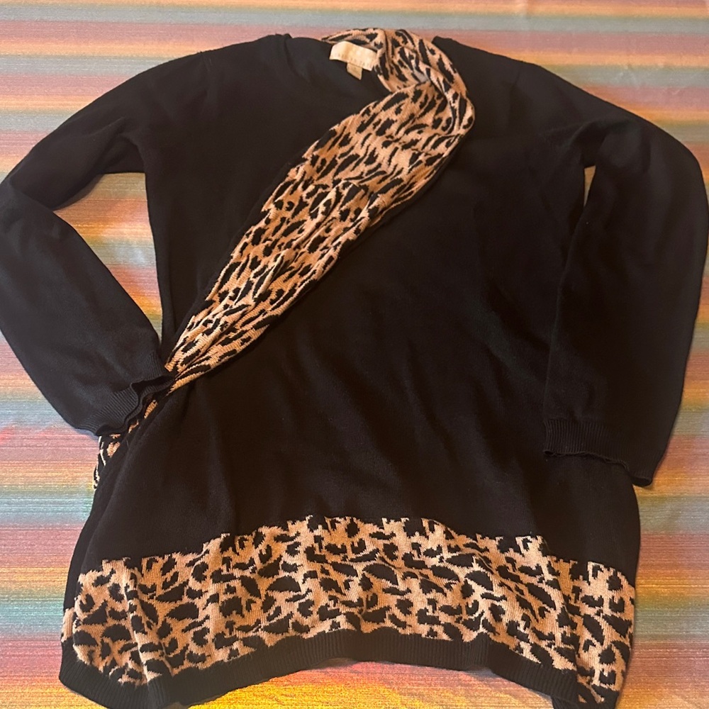 Black Sweater with Leopard Print Accents